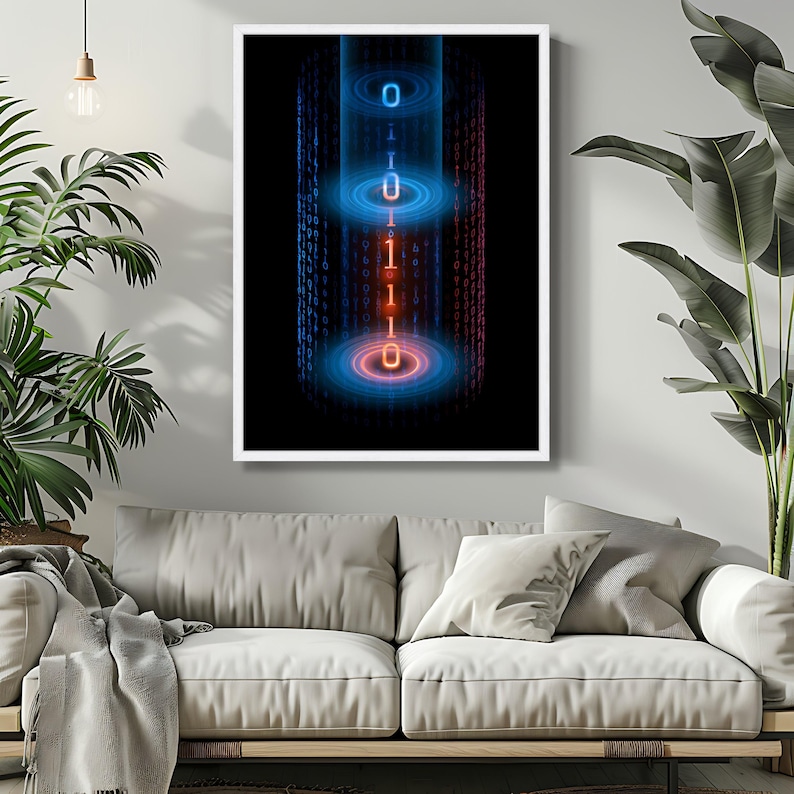 Tela con flusso di codice binario digitale, arte murale futuristica con flusso di dati, decorazione Cyber Matrix. White Frame