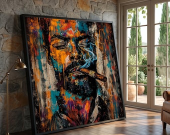 Ritratto astratto audace su tela, uomo che fuma un sigaro, decorazione murale moderna e urbana, pittura del viso colorata, tela dall'espressione vibrante