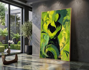 Quadro astratto "Abbraccio", dipinto figurativo moderno verde, decorazione contemporanea per la casa.