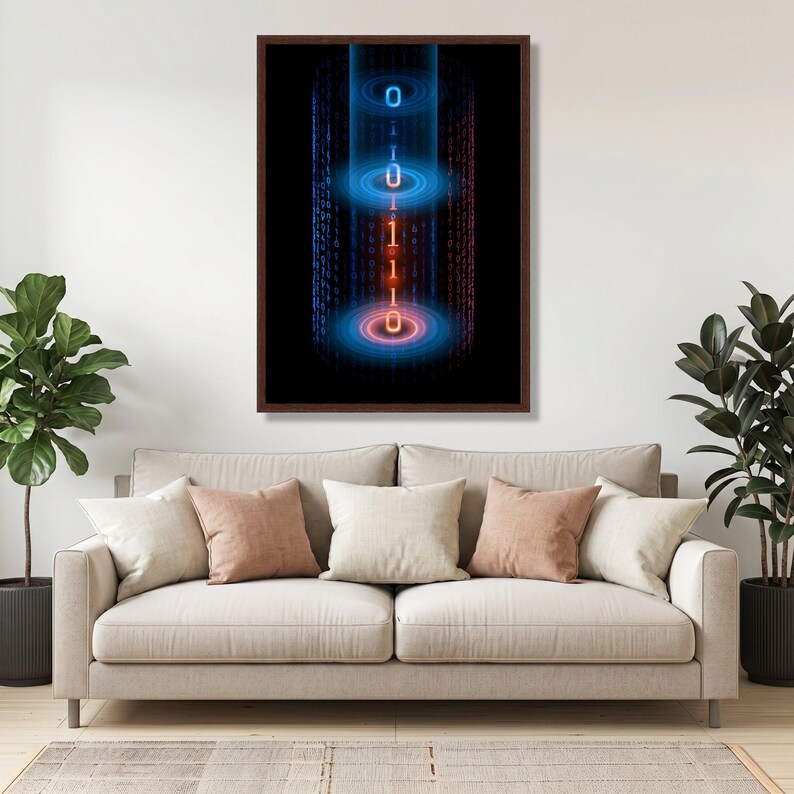 Tela con flusso di codice binario digitale, arte murale futuristica con flusso di dati, decorazione Cyber Matrix. Walnut Frame