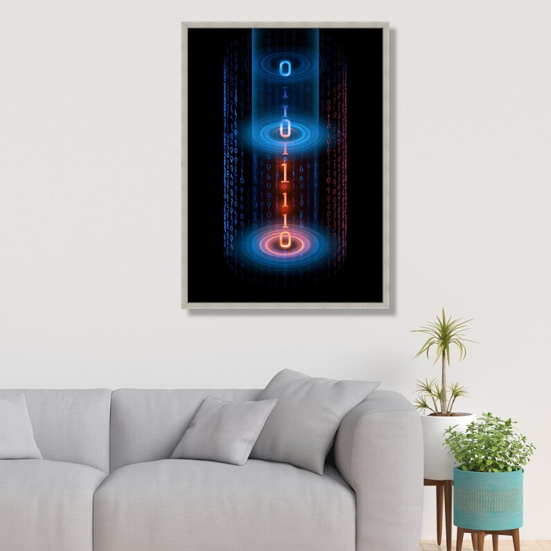 Tela con flusso di codice binario digitale, arte murale futuristica con flusso di dati, decorazione Cyber Matrix. Silver Frame