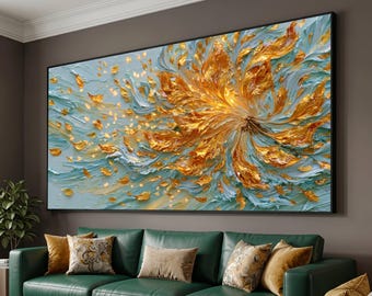 Quadro su tela "Esplosione di petali dorati", design floreale astratto, decorazione per la casa blu e oro, arte contemporanea su tela, pronto per essere appeso.