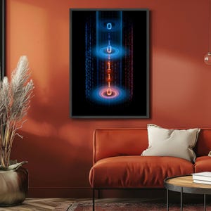 Tela con flusso di codice binario digitale, arte murale futuristica con flusso di dati, decorazione Cyber Matrix. Black Frame