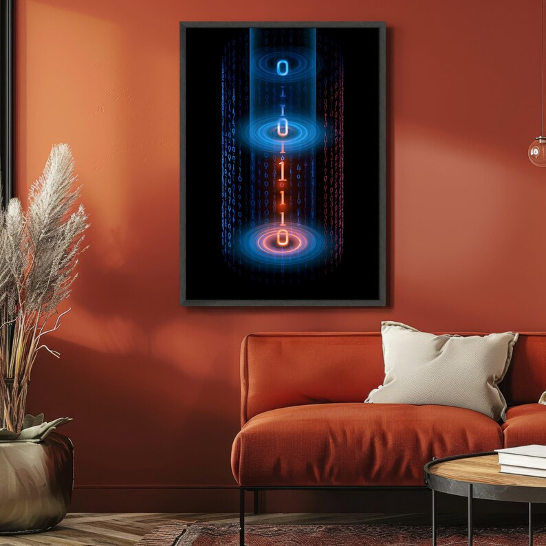 Tela con flusso di codice binario digitale, arte murale futuristica con flusso di dati, decorazione Cyber Matrix. Black Frame