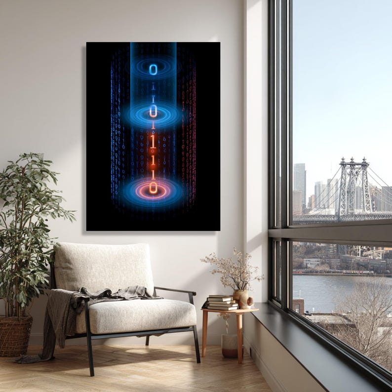 Tela con flusso di codice binario digitale, arte murale futuristica con flusso di dati, decorazione Cyber Matrix. StretchedWood Canvas