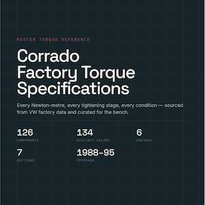 Peut inclure: Un document technique gris foncé intitulé Corrado Factory Torque Specifications. Il liste 126 composants, 134 valeurs distinctes, 6 moteurs, 7 sections et une couverture de 1988-95. Le texte inclut T19 / TORQUE / CORRADO / V1.0 et Type 19 Specialists.