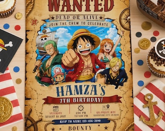 Invito di compleanno per bambini, invito per festa a tema pirati anime con manifesto da ricercato, modello Canva modificabile, download digitale immediato.