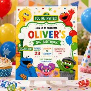 May include: A rectangular Sesame Street birthday invitation card featuring Big Bird, Elmo, Cookie Monster, Abby Cadabby, and Oscar the Grouch. The text reads: You're Invited! Join us to celebrate Oliver's 3rd Birthday! Saturday August 23, 2:00 PM to 5:00 PM, 123 Sesame St, Funville, CA 12345. RSVP to Mommy 123-456-7890.