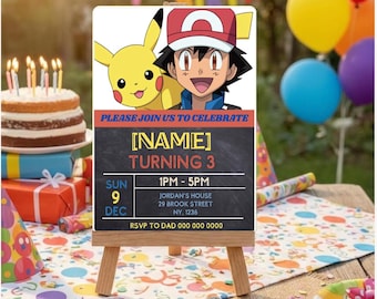 Biglietto d'auguri Pokémon in edizione limitata, invito per feste, invito modificabile su Canva per feste per bambini, tema Pikachu, biglietto d'auguri a tema cartone animato