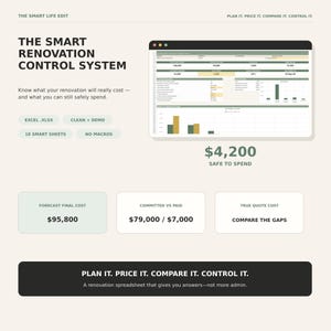 May include: A digital renovation control system spreadsheet featuring a browser window interface with data tables, bar charts, and financial summaries. Text includes The Smart Renovation Control System, Excel .xlsx, 18 Smart Sheets, and Plan It. Price It. Compare It. Control It.