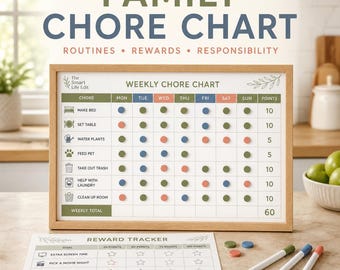 Family Chore Chart Printable PDF | Kids Responsibility Chart, Reward Tracker and Weekly Cleaning Schedule