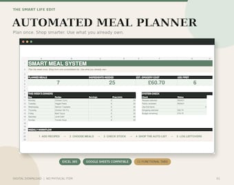Automated Meal Planner Spreadsheet | Recipe Database, Grocery List, Pantry Inventory (Digital Download)