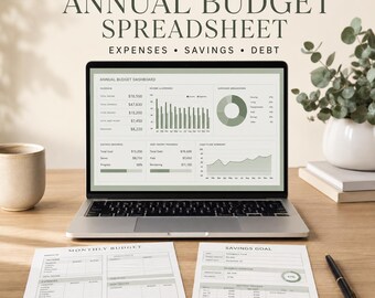 Annual Budget Spreadsheet for Google Sheets | Monthly Expense Tracker, Savings Goals and Debt Planner