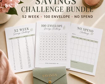 Savings Challenge Printable Bundle | 52 Week, 100 Envelope, Cash Stuffing and No Spend Trackers
