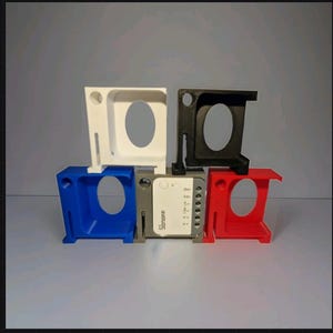 May include: A collection of five plastic mounting brackets for Sonoff ZBMINI R2 smart switches, featuring white, black, blue, and red colors, with one grey Sonoff device installed in a blue bracket, designed for DIN rail installation.