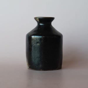 May include: A small, cylindrical black bottle with a narrow neck and a flared rim. The surface of the bottle has a glossy, reflective finish with subtle texture and slight variations in the dark glaze across its rounded body.