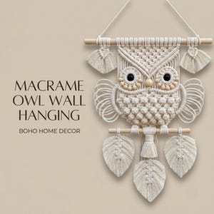 May include: A cream-colored macrame owl wall hanging featuring intricate knotted patterns, two black bead eyes, and wooden dowels. The text MACRAME OWL WALL HANGING BOHO HOME DECOR is printed on the left side of this decorative fiber art piece.