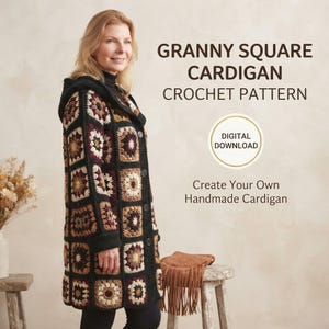DIY Crochet Granny Square Coat Pattern, Boho Hooded Cardigan PDF, Vintage Patchwork Jacket, Women's Long Crochet Sweater, Instant Download