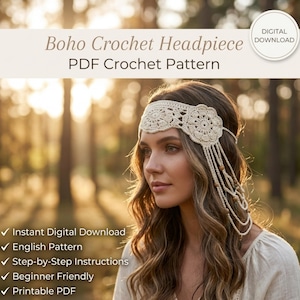 May include: A cream-coloured crochet headpiece featuring a floral pattern across the forehead with dangling side strands adorned with small wooden beads. The text reads: Boho Crochet Headpiece PDF Crochet Pattern, Instant Digital Download, English Pattern.