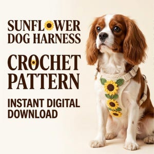 May include: A Cavalier King Charles Spaniel wearing a cream-colored crochet dog harness decorated with three sunflowers and green leaves. The text reads: SUNFLOWER DOG HARNESS CROCHET PATTERN INSTANT DIGITAL DOWNLOAD. The design features adjustable straps.