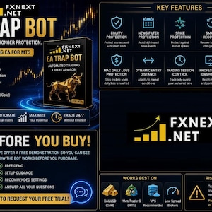 May include: A dark promotional graphic for EA TRAP BOT by FXNEXT.NET featuring a gold bull icon, a list of automated trading features for MT5, key protection settings, a free demo offer with a gift box icon, and a risk disclaimer on a black background.