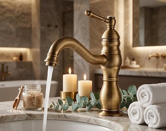Antique Brass Bathroom Faucet, Luxury Single Handle Vanity Tap