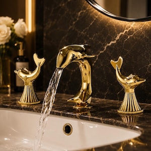 May include: A polished gold bathroom tap set featuring a central spout shaped like a dolphin and two matching dolphin-shaped handles. The tap is mounted on a dark marble countertop above a white sink, with water flowing from the spout.