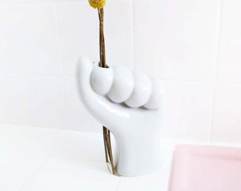 80s Ceramic Hand Vase - White 1980s Dried Flower Holder - Best Friend Gift - Quirky Pop Art Home Decor