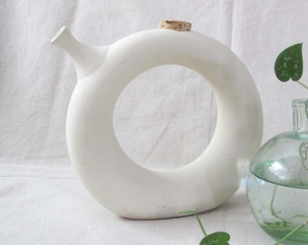 Vintage Hartstone Ceramic White Donut Decanter - Mid Century 60s Round Circle Pottery Vase - Minimalist Neutral Home Decor