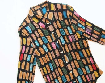 Vintage 90er Crinkle Knitter Plissee Kragen Langarm Shirt S - 1990er Y2k 2000er Schwarz Pink Abstrakt Polka Dot Bluse
