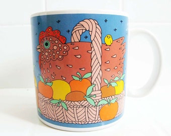 Vintage Taylor and Ng Chicken Hen Coffee Mug 1981 - Chicken in Basket with Apples Farm Bird Country Cottage Kitchen Decor