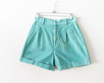 Vintage 80s Mint Green Womens Corduroy Shorts 27 Small - 1980s United Colors of Benetton Pleated Preppy High Waist Cuffed Shorts