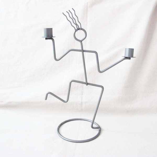 90s Post Modern Wire Squiggle Person Metal Candelabra for Two Taper Candles - Memphis Design - Quirky Gift For Friend