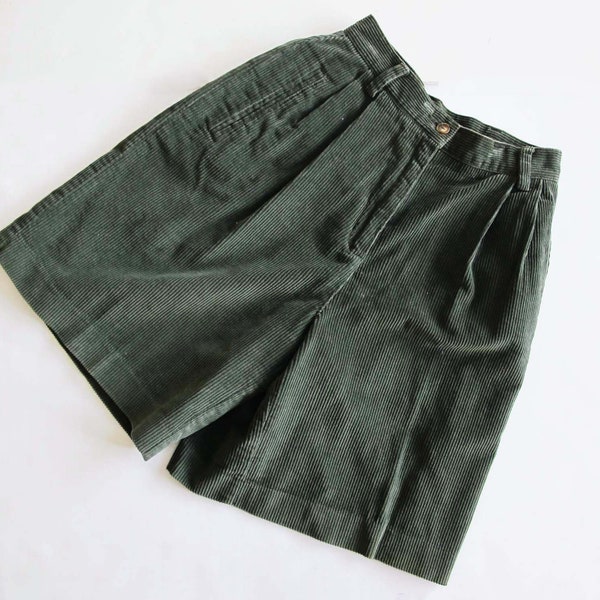 90s Corduroy Womens Long Shorts S 25 - Dark Green High Waist Pleated Shorts -  Earth Tone Clothes Minimalist Preppy Academia Style