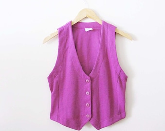 Vintage 80s Magenta Pink Vest - Cotton Blend Button Down Sweater