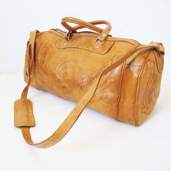 Vintage Tooled Leather Duffle Bag - 1970s Brown Engraved Duffel Weekender Overnight Carry On Bag Shoulder Strap - Boho Southwest