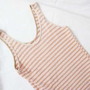 Vintage 70s Stripe Jacquard Knit Tank Top M Tan White Scoop Neck Knit Sleeveless Shirt image 1