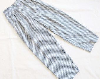 Pantalon pied-de-poule vintage des années 90 : pantalon taille haute à carreaux bleus (petite 61 cm)