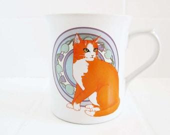 Vintage Orange Cat Mug - 1980s Ginger Kitty With Yellow Eyes Ceramic Drink Mug - Animal Lover Housewarming Gift