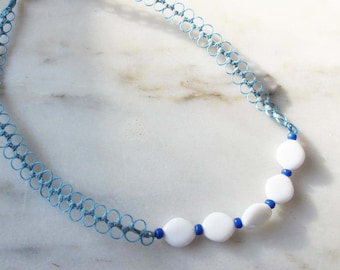 Vintage 70s Blue and White Glass Bead Short Choker Necklace Intricate Macrame - Hand Made Boho Hippie Natural Jewelry