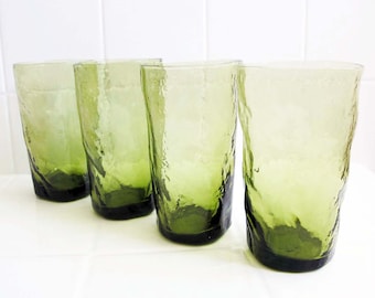 Vintage Olive Green Crinkle Glass Tumblers Set of 4 - Wrinkle Textured Water Glass Cocktail Barware - Housewarming Gift - Dinner Party