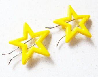 Vintage 70s Yellow Star Plastic Hair Barrettes - 1970s Snap Wire Back Hair Pins -Kawaii hair clips