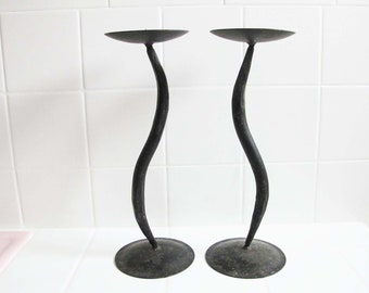 Vintage Brutalist Wavy Iron Candleholders Pair - Tall Black Metal Candlesticks  - Minimalist Home Decor