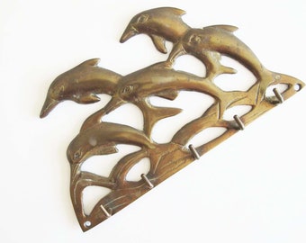 Vintage Brass Necklace Organizer - Gold Brass Jumping Dolphin Jewelry Holder - Beach House Decor - Brass Key Ring Holder - Housewarming Gift