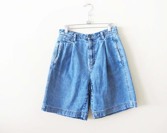 Vintage 90s Womens Long Denim Mom Shorts 28 S M - 1990s cintura alta plisada Blue Jean Shorts - Preppy Bermuda Walking Shorts