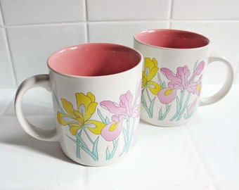 Jaren '80 Iris Flower Koffiemok Set van 2 - Jaren 1980 Roze Pastel Bloemenmokken - Inwijdingsfeest Beste Vriend Cadeau
