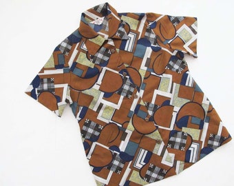 Vintage 70s Geometric Abstract Print Shirt S - 1970s Brown Navy Blue Collared Short Sleeve Button Up
