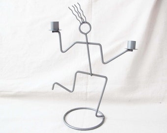 90s Post Modern Wire Squiggle Person Metal Candelabra for Two Taper Candles - Memphis Design - Quirky Gift For Friend