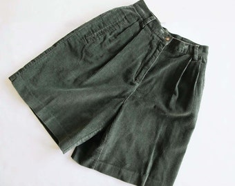 90s Corduroy Womens Long Shorts S 25 - Dark Green High Waist Pleated Shorts -  Earth Tone Clothes Minimalist Preppy Academia Style