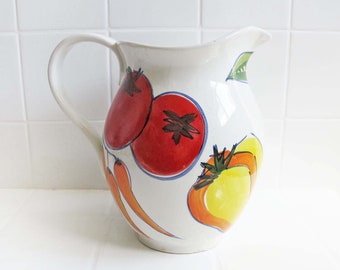 Vintage Italian Hand Painted Vegetable Ceramic Pitcher - Made in Italy Colorful Tomato Artichoke Carrot Handled Vase